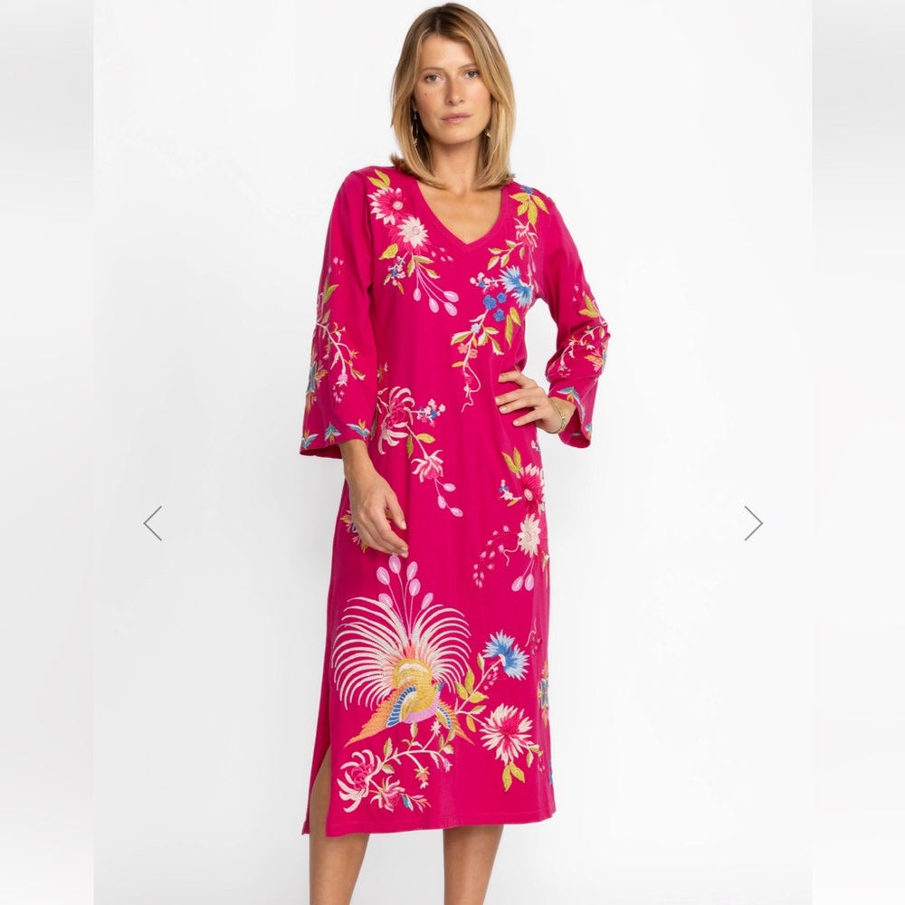 Johnny Was Pink Floral Embroidered Midi Dress
